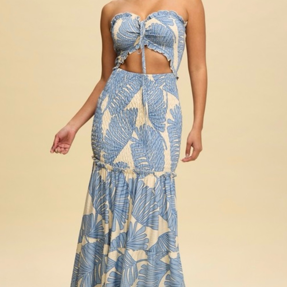 Blue and Cream Strapless Maxi Dress